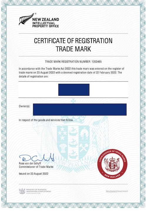 New Zealand Registration Certificate