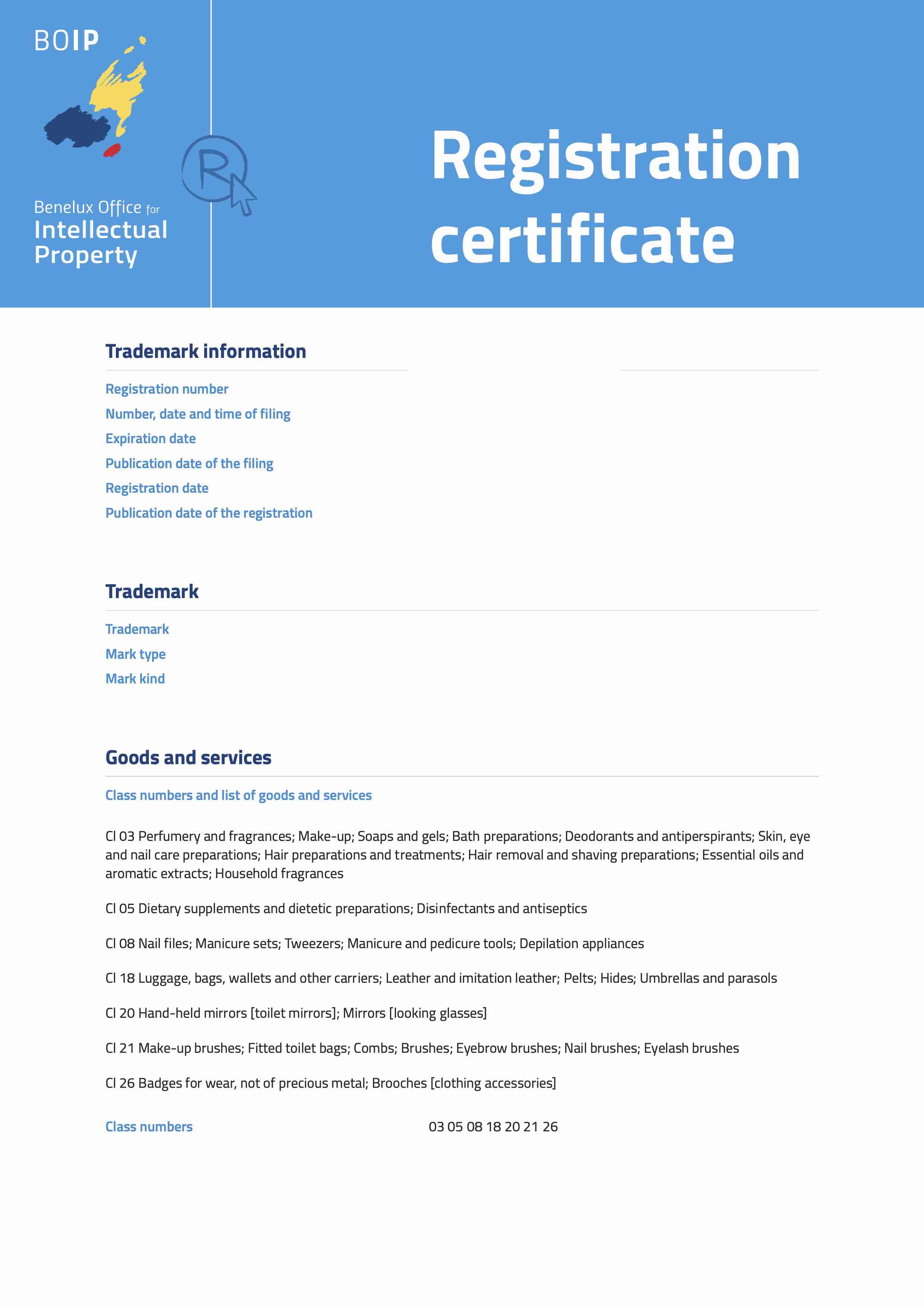 Benelux Trademark Registration Certificate