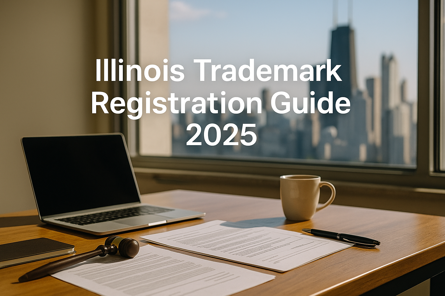 Hero image showing a legal workspace overlooking the Chicago skyline for the Illinois Trademark Registration Guide 2025