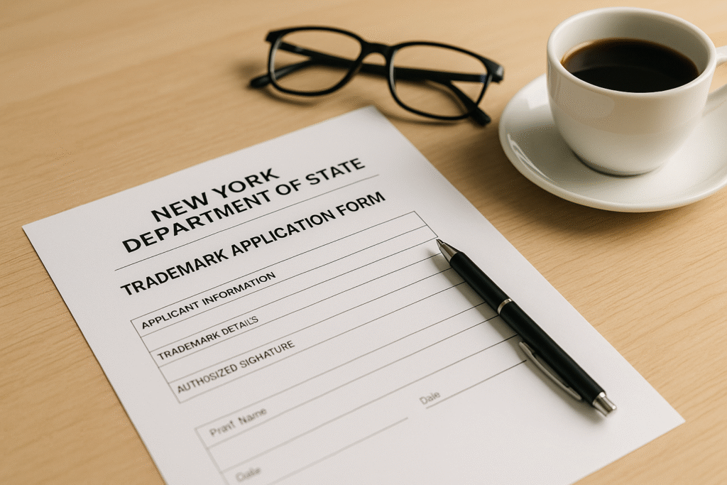 Close-up photo of a document titled New York Department of State – Trademark Application Form on a desk with a pen and glasses