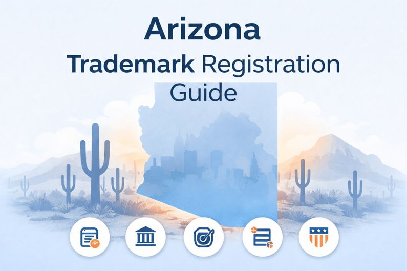 Arizona trademark registration guide hero image with state outline and skyline in flat blue style