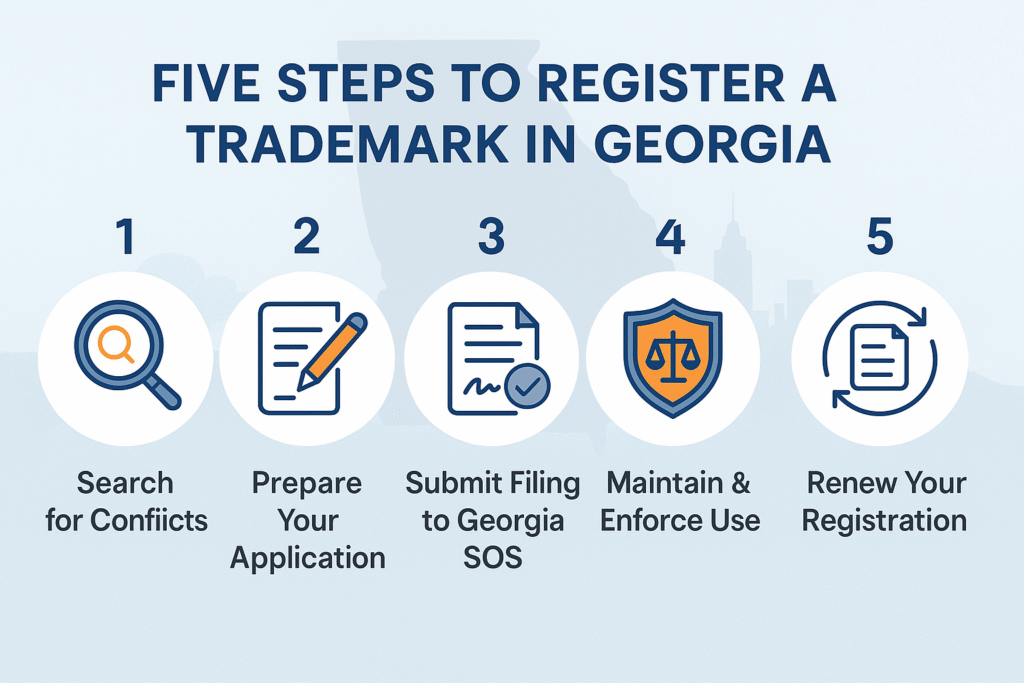 Five steps to register a trademark in Georgia infographic with icons in flat blue design