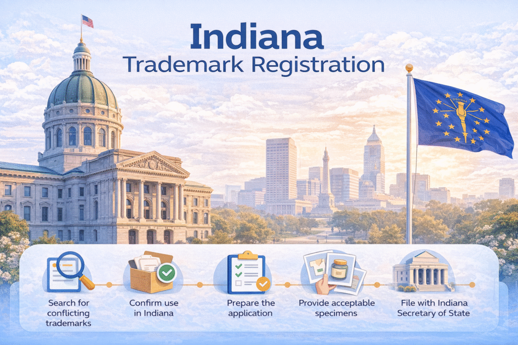 Indiana trademark registration guide hero image in flat blue style with statehouse skyline