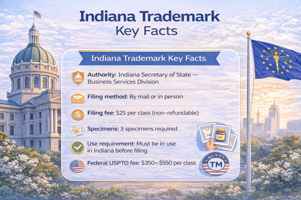 Indiana trademark key facts infographic showing authority, filing fee, specimens, use rule and USPTO fee range