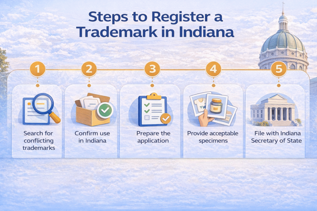 Five steps to register a trademark in Indiana infographic with icons in Bonamark blue style