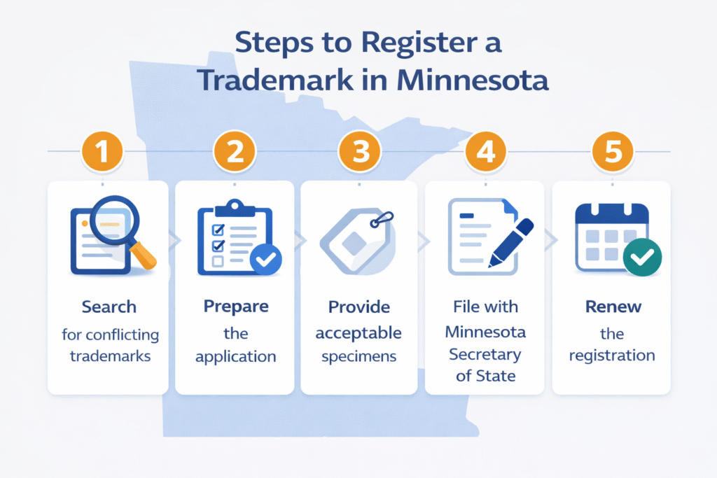 Steps to register a trademark in Minnesota shown as a clear legal process infographic