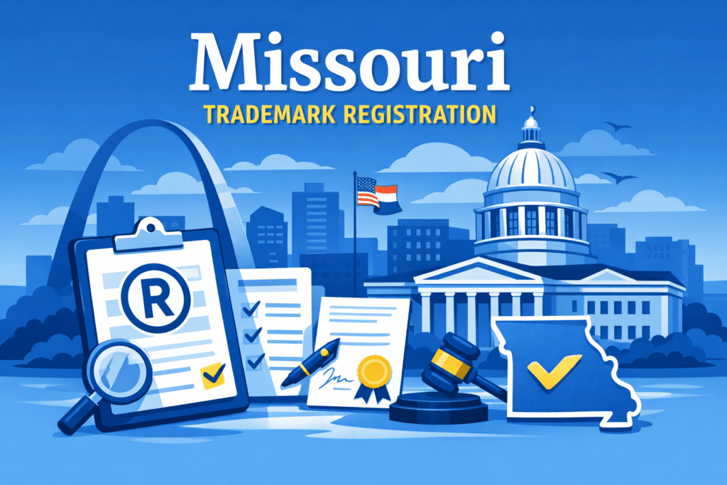 Missouri trademark registration guide hero image in flat blue style with state outline and civic skyline