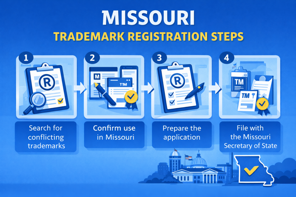 Five steps to register a trademark in Missouri infographic showing the state filing process