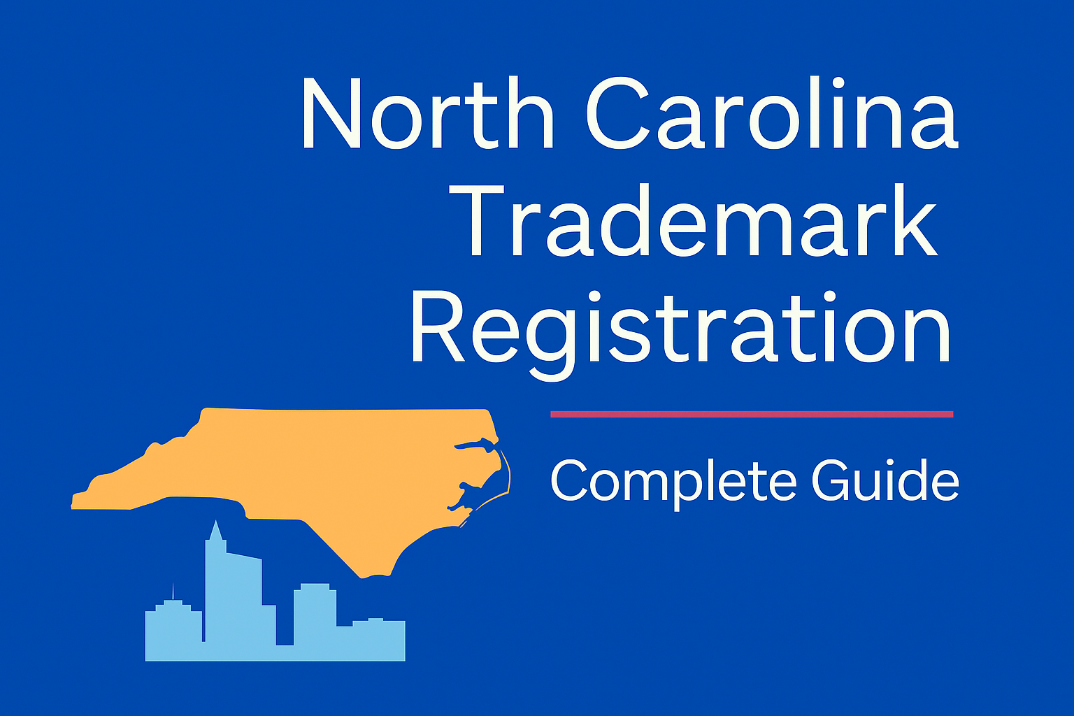 North Carolina trademark registration guide hero image with state outline and skyline in flat blue style