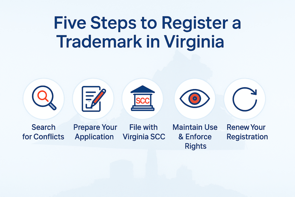 Infographic showing five steps to register a trademark in Virginia in a flat blue design