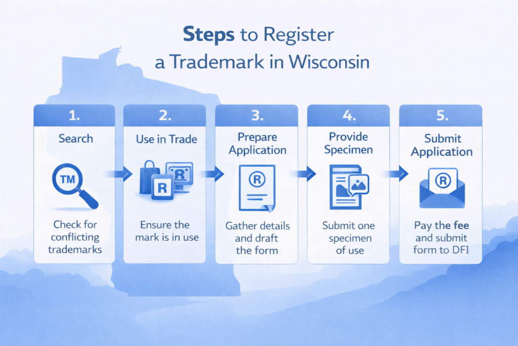 Steps to register a trademark in Wisconsin shown as a clear state-level legal process infographic