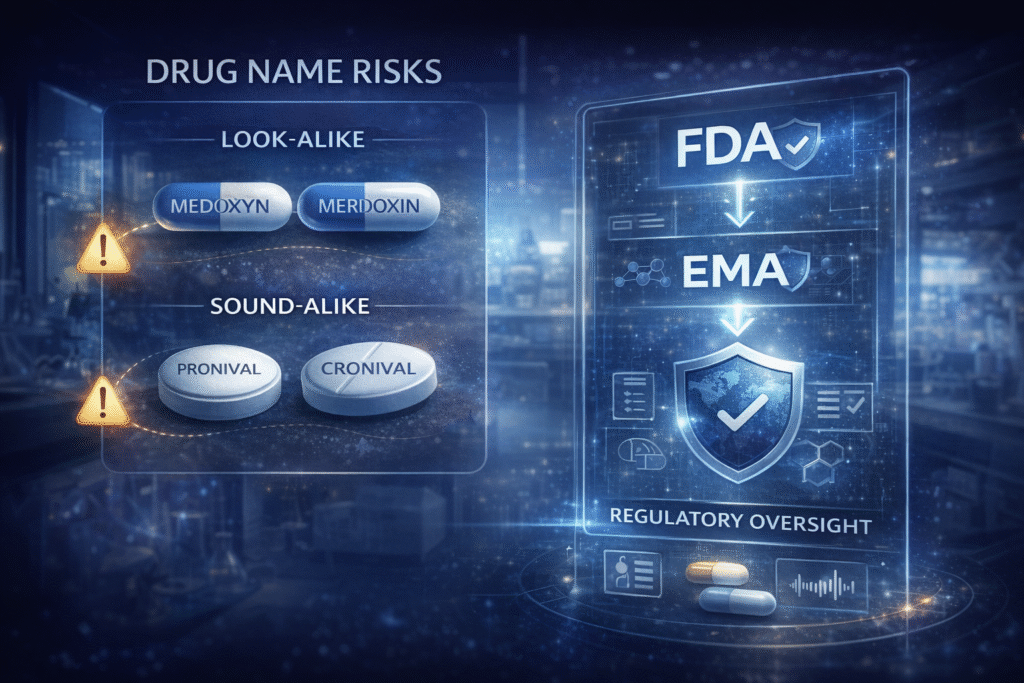 Infographic on look-alike and sound-alike drug name risks with regulatory review for safer pharmaceutical branding