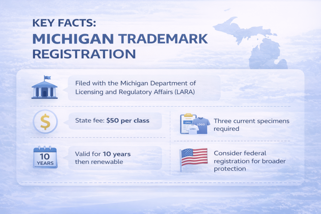 Key facts about Michigan trademark registration including $50 state fee, specimen rules, term, and filing authority