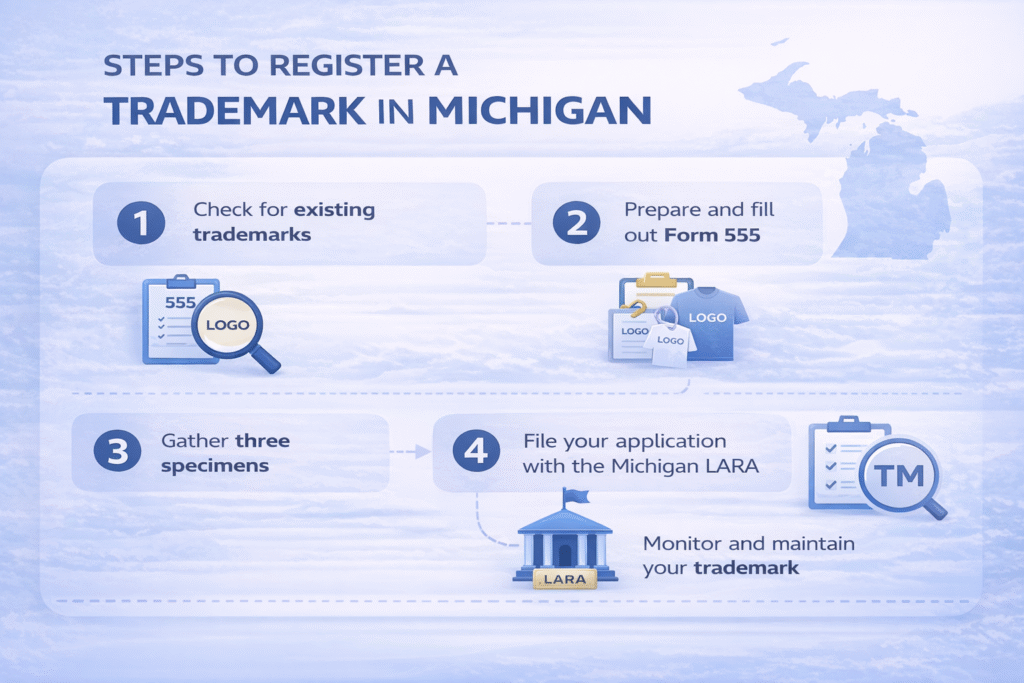 Steps to register a trademark in Michigan showing filing process, specimens, and application with state authority