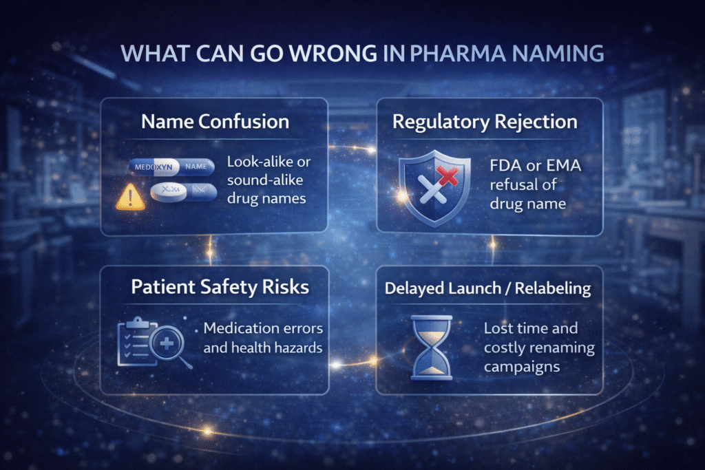 Pharmaceutical drug naming risks including name confusion, regulatory rejection, patient safety issues, and delayed launches