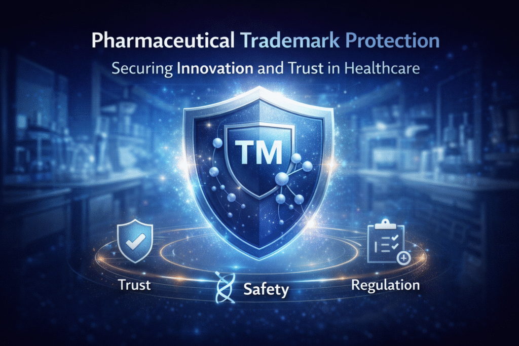 Pharmaceutical trademark protection illustrating brand trust, patient safety, and regulatory confidence in healthcare