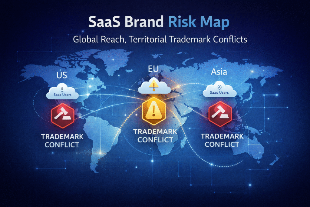 SaaS brand risk map showing global user reach and territorial trademark conflicts across the US, EU, and Asia