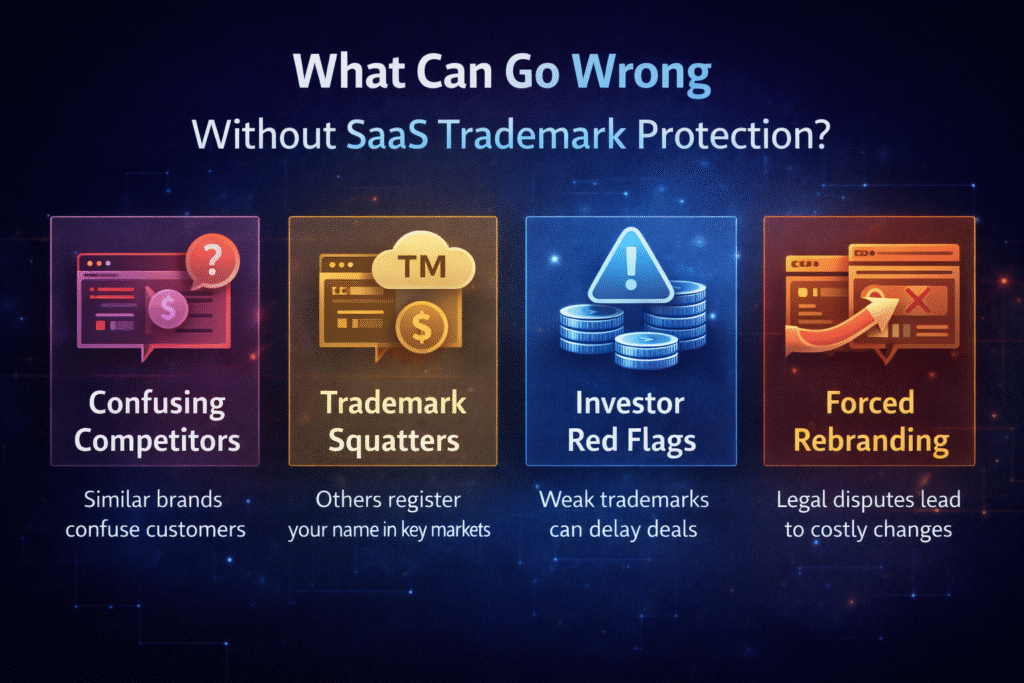 Key risks SaaS companies face without trademark protection including competitors, squatters, investor red flags, and rebranding