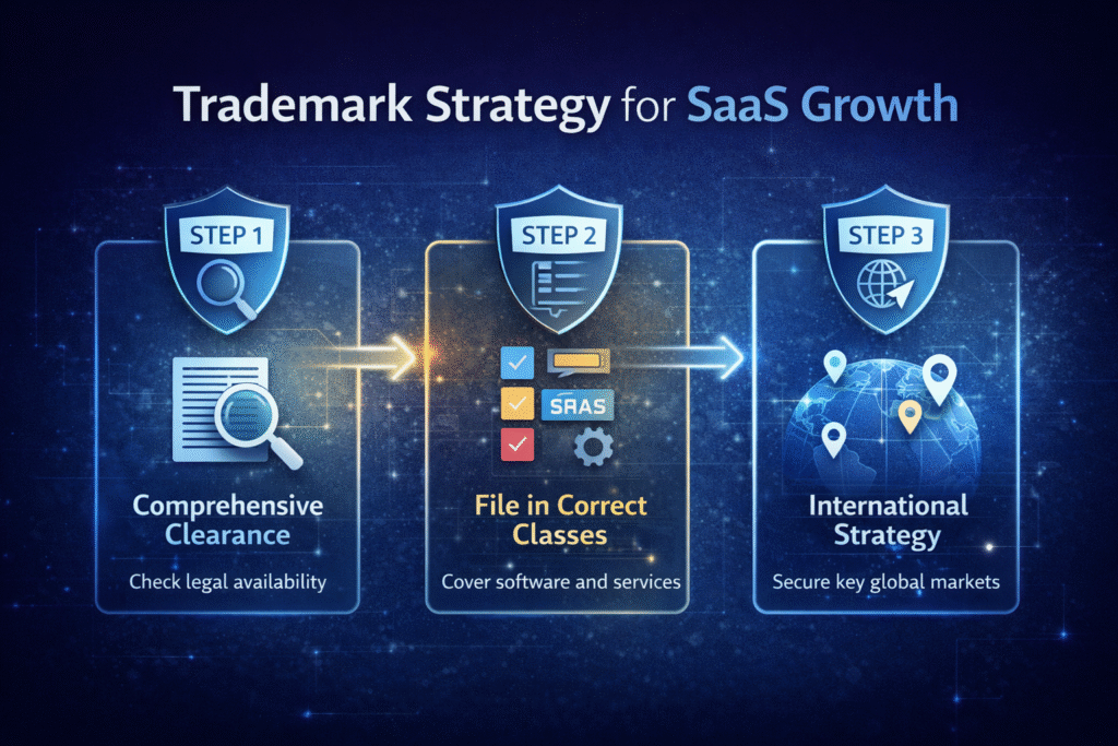 Trademark strategy for SaaS growth showing clearance, correct trademark classes, and international expansion steps