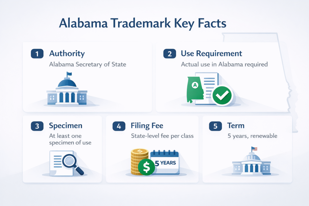 Alabama trademark key facts infographic showing authority, use requirement, specimen, filing fee and renewal term