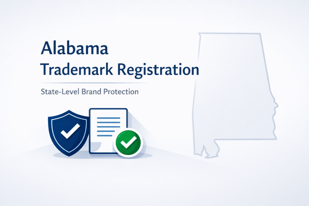 Alabama trademark registration guide hero image with Alabama state outline and legal protection icons