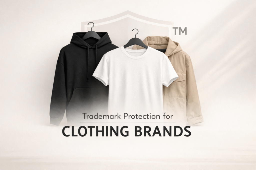 Trademark protection for clothing brands featuring apparel under legal shield symbol
