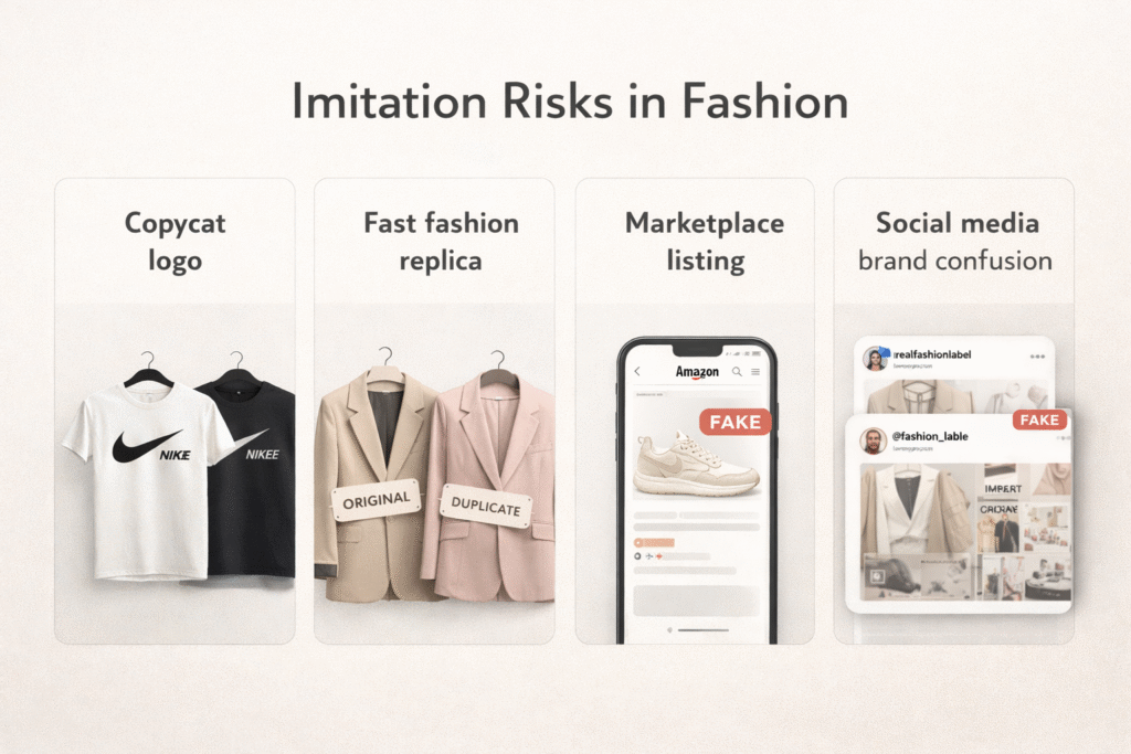 Infographic showing fashion trademark infringement risks including copycat logos and marketplace fakes