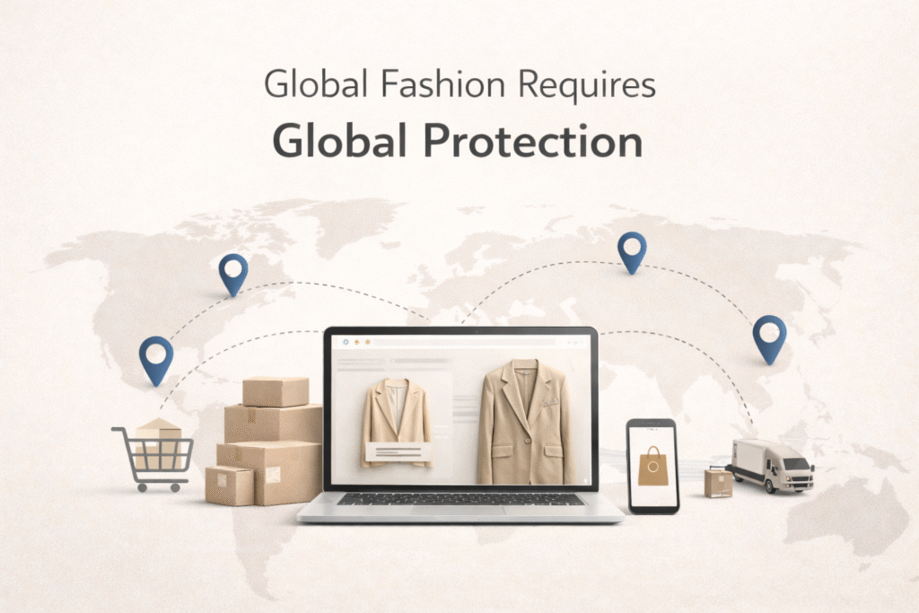 Infographic showing global trademark protection strategy for clothing brands and online fashion sales