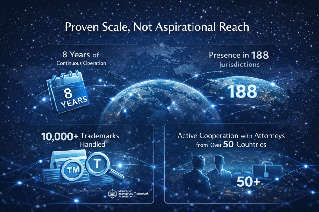 International trademark partnership global reach showing 188 jurisdictions and 10000 trademarks handled