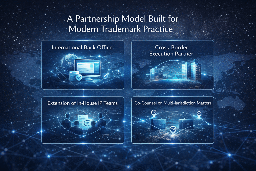 International trademark partnership model showing back office, cross-border execution and co-counsel support