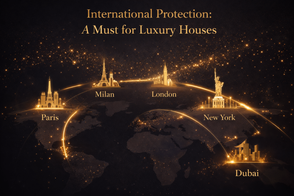 International trademark protection for luxury brands infographic showing global cities connected across world map