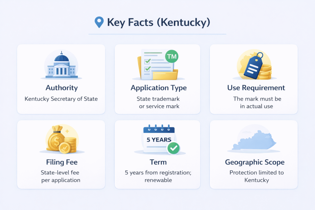 Kentucky trademark key facts infographic showing authority, use requirement, filing fee, term and geographic scope