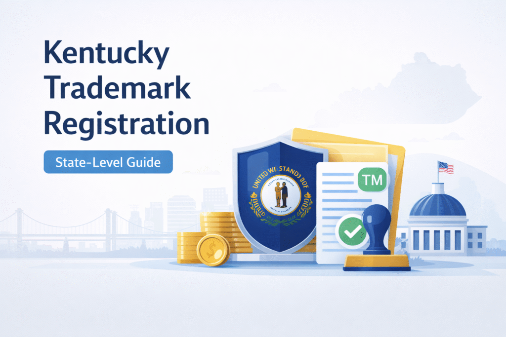 Hero image for Kentucky trademark registration guide with Kentucky outline and legal filing elements