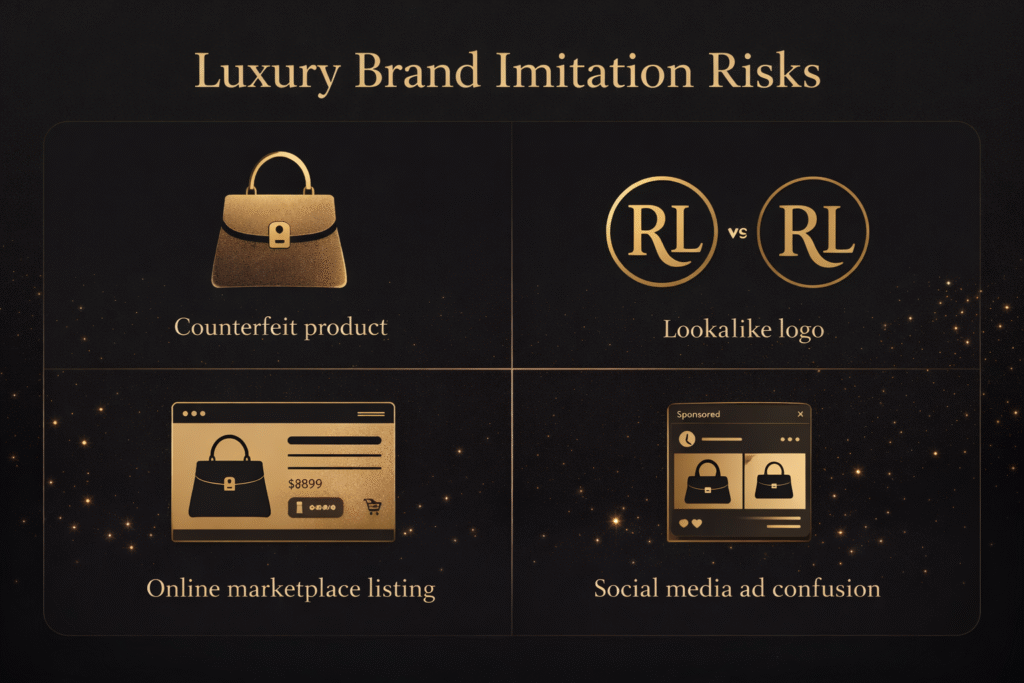 Luxury brand imitation risks infographic showing counterfeit products, logo copies, online listings, and social media confusion