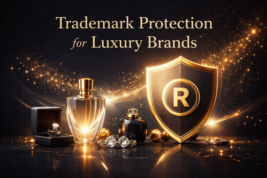 Luxury brand trademark protection concept with perfume, jewelry, and shield symbolizing exclusivity and IP security