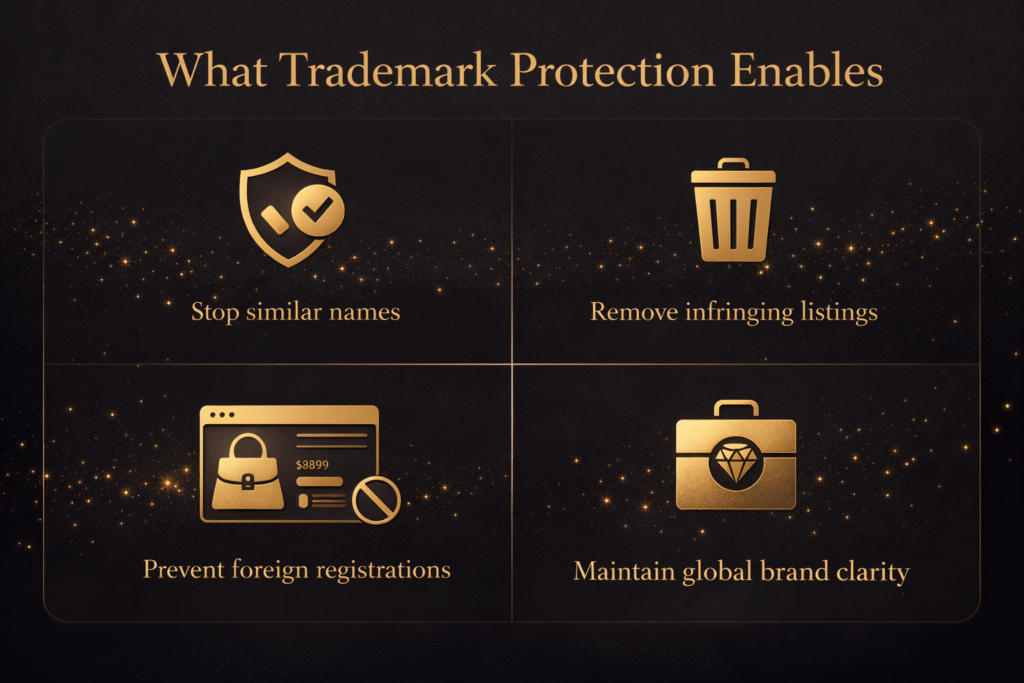 Luxury trademark protection infographic showing benefits like stopping similar names and preventing foreign registrations