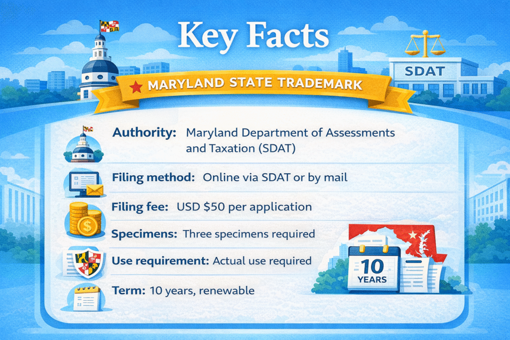 Key facts about Maryland state trademark registration including SDAT authority, fees, term, and specimens