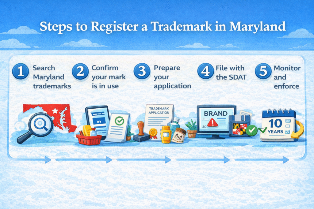 Steps to register a trademark in Maryland including search, filing with SDAT, enforcement, and renewal