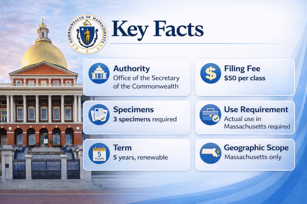 Key facts for Massachusetts state trademark registration including fee, specimens, term, and authority