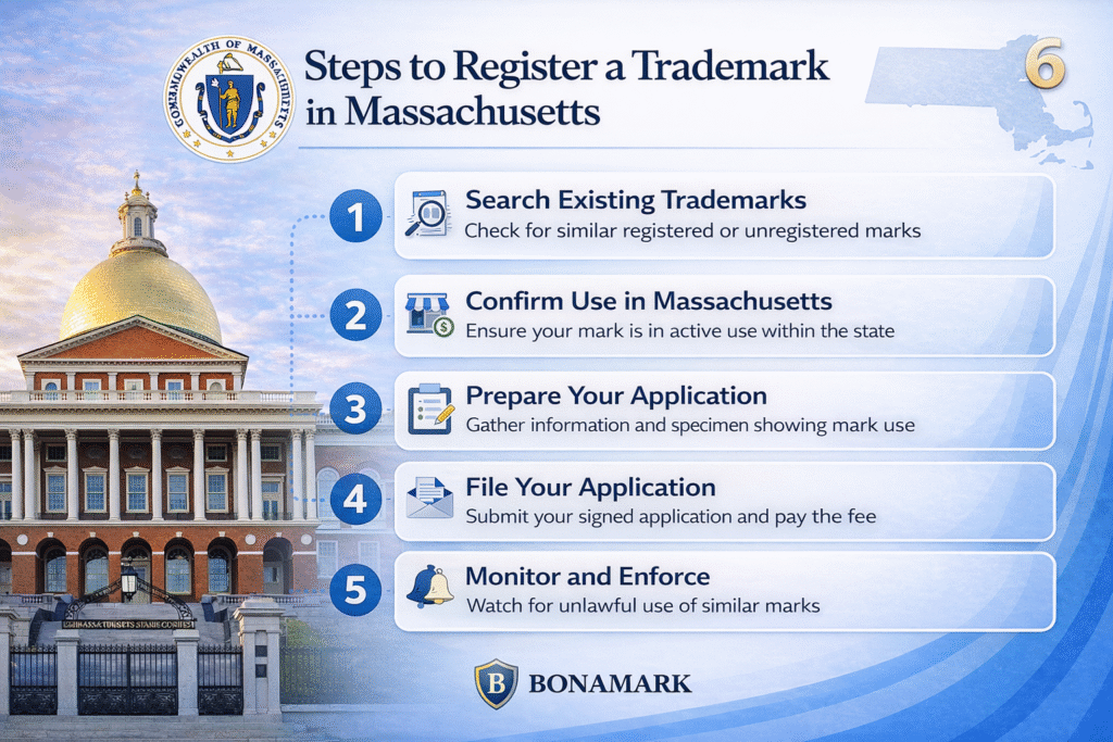 Steps to register a trademark in Massachusetts including search, use, filing, and renewal process