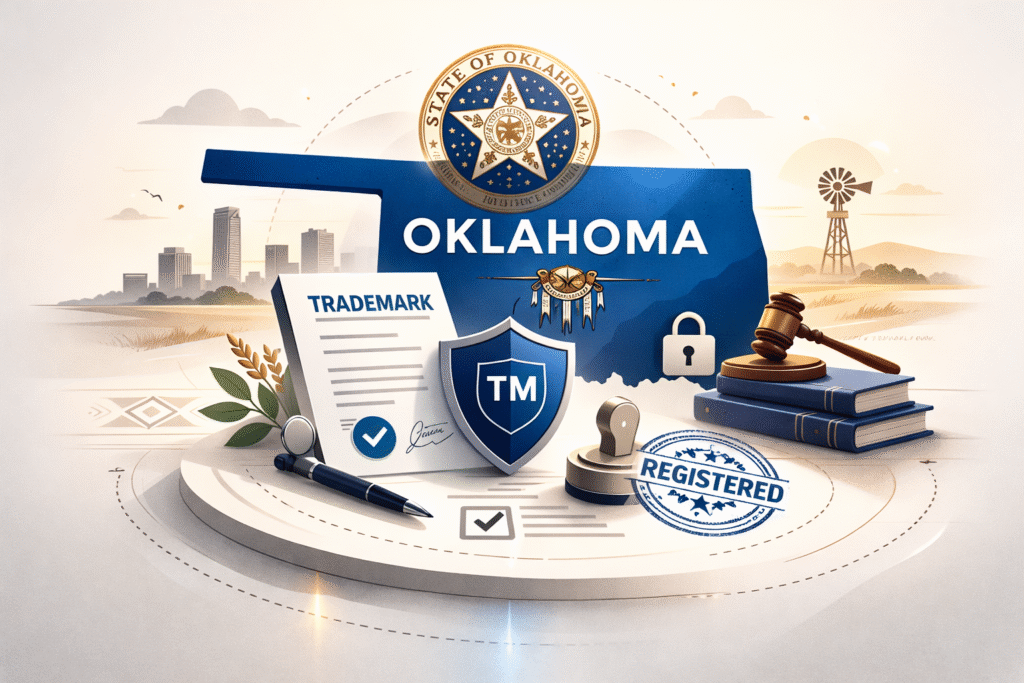 Hero image for Oklahoma trademark registration guide with state outline and trademark filing elements