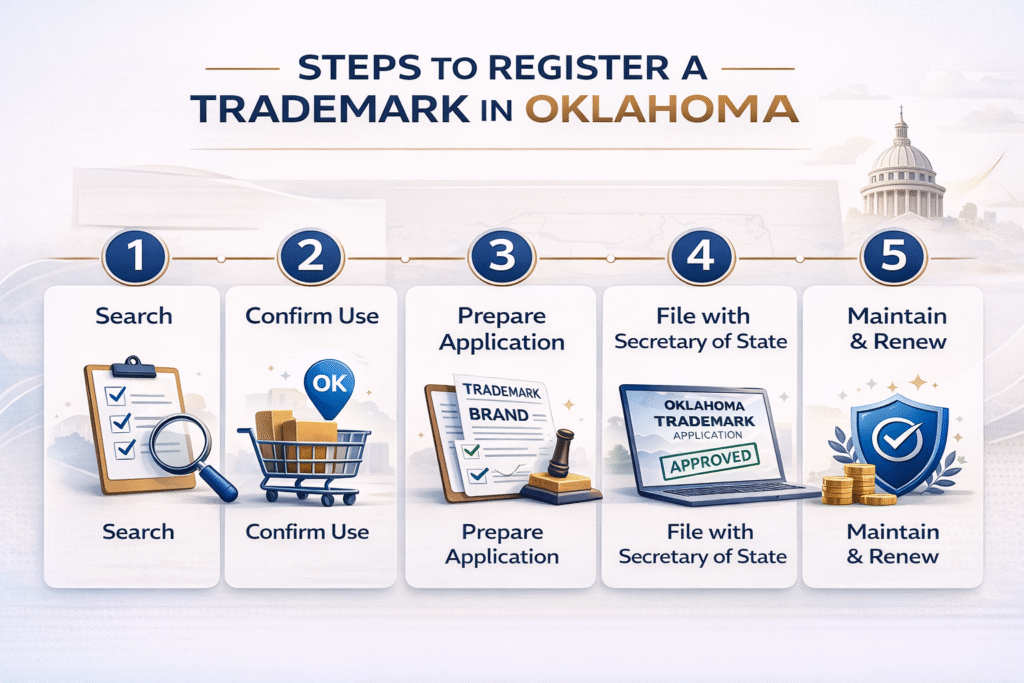 Infographic showing five steps to register a trademark in Oklahoma including search, filing and renewal