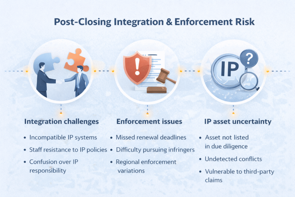 Post-closing IP integration and enforcement risks in M&A including renewal issues, enforcement gaps and asset uncertainty