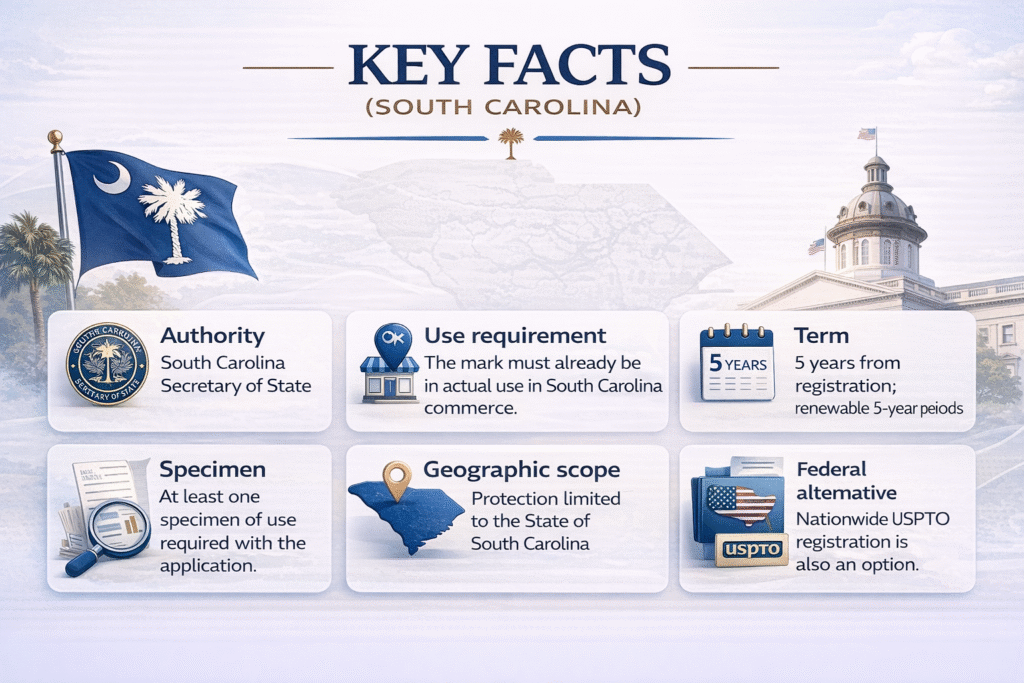 South Carolina trademark key facts infographic showing authority, use requirement, specimen, 5-year term and USPTO option
