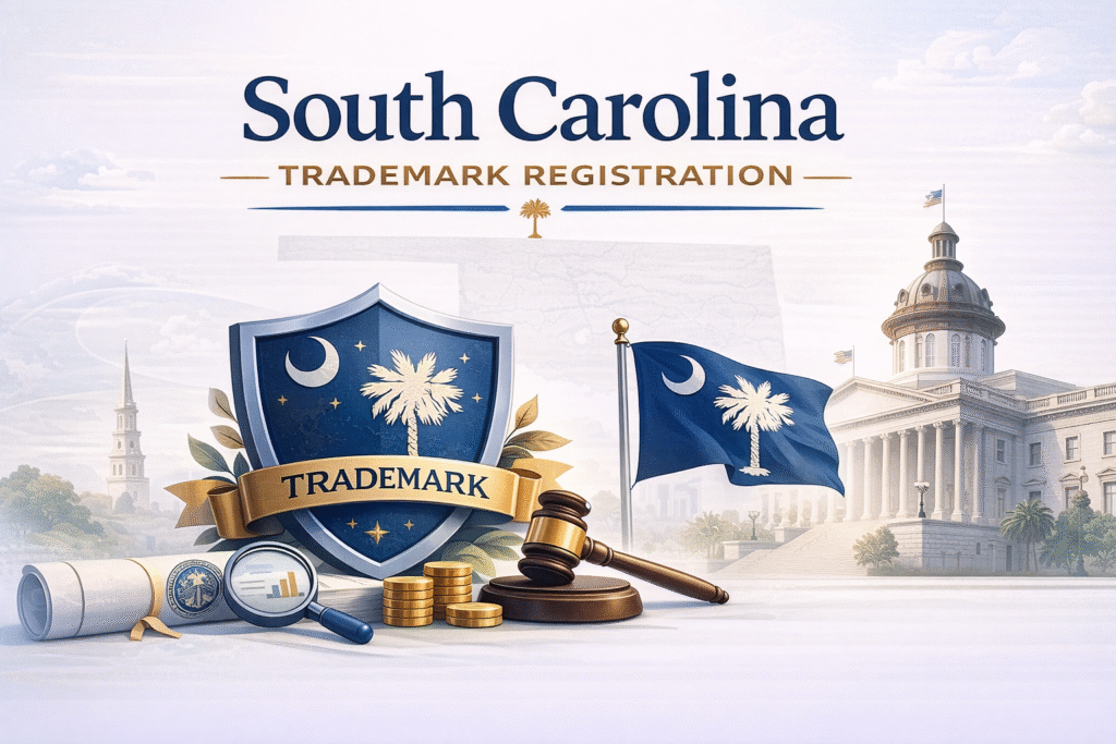 South Carolina trademark registration banner featuring state symbols and legal protection concept