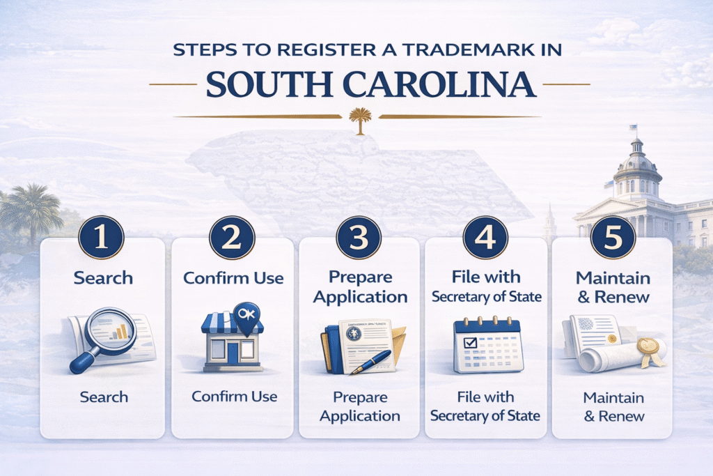 Five-step infographic showing how to register a trademark in South Carolina from search to renewal
