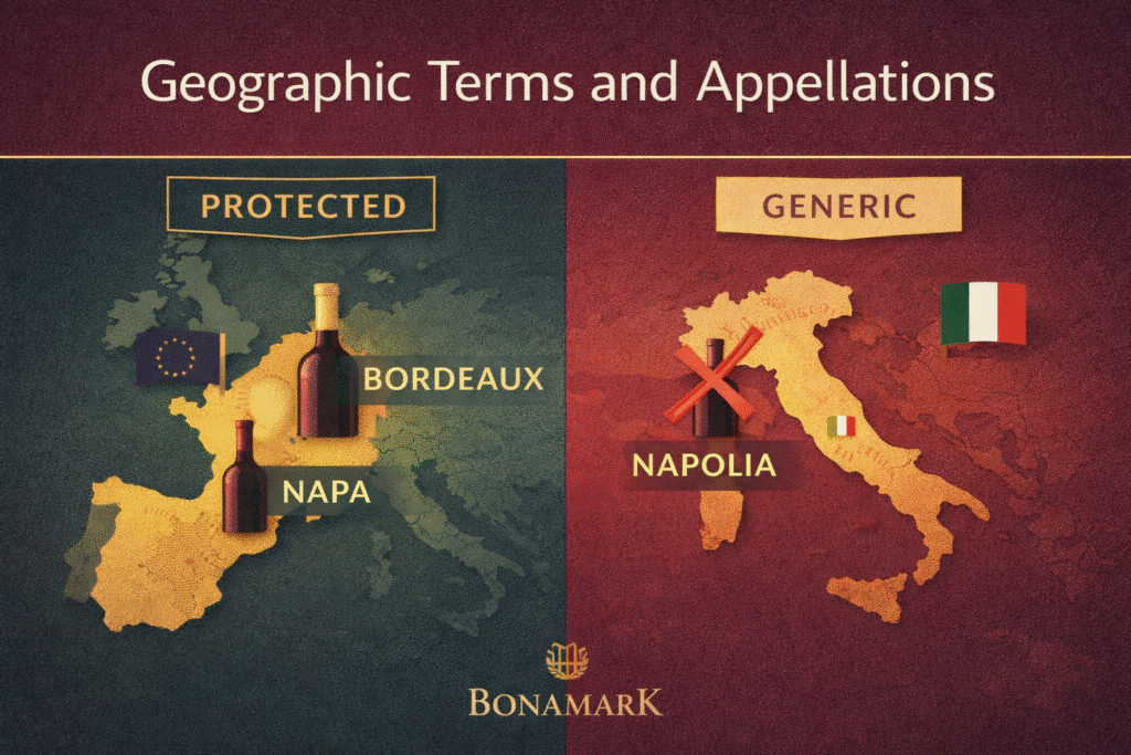 Wine geographic indications infographic showing protected appellations versus generic wine region terms