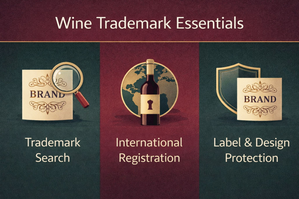 Wine trademark essentials infographic showing search, international registration, and label protection steps