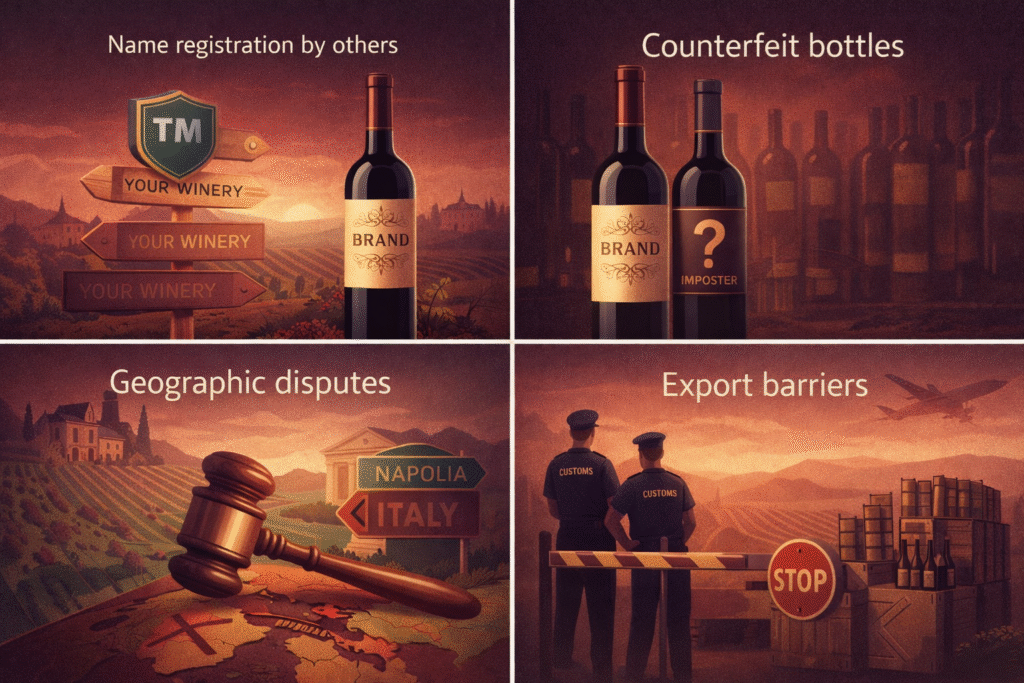 Wine trademark risks infographic showing counterfeit bottles, name disputes, geographic conflicts, and export barriers