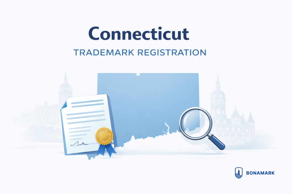 Connecticut trademark registration hero image with state outline and legal document